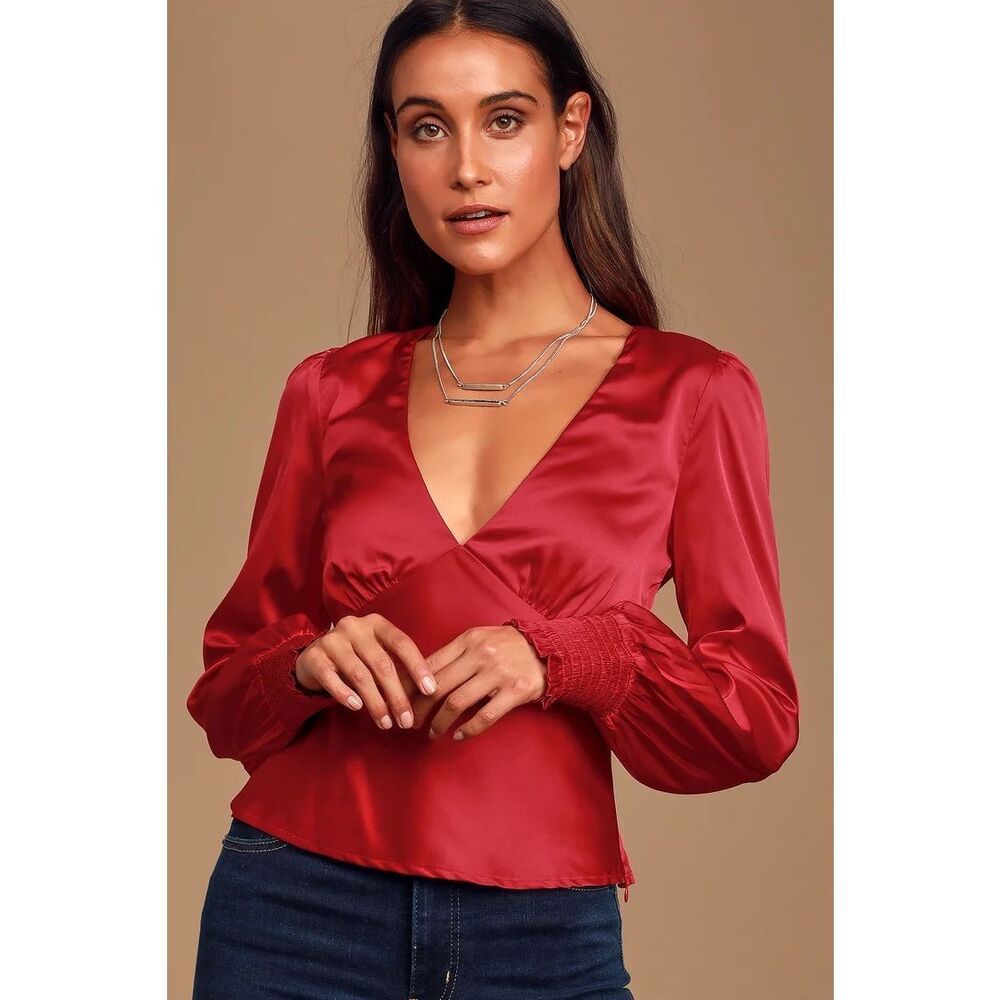 NWT Lulus Head Held High Wine Red Satin Date Party Romantic Top Size Medium